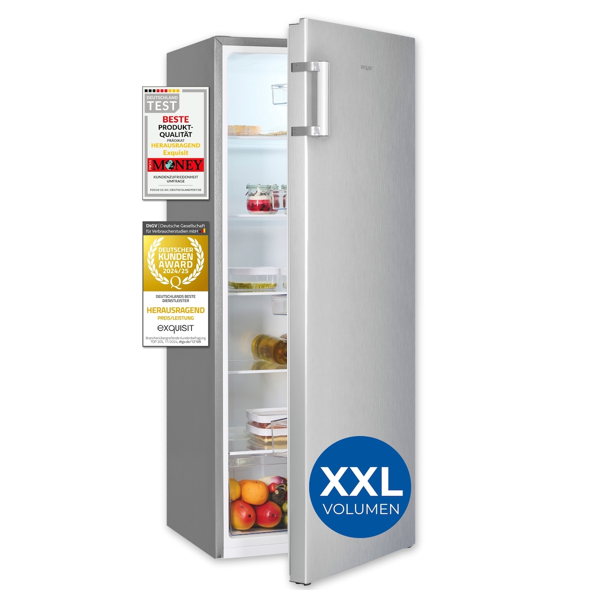 Exquisit Kühlschrank ohne Gefrierfach, 5 Ablagen, 242 Liter, Vollraumkühlschrank 143 cm hoch, KS5320-V-H-010E inoxlook Image