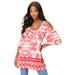 Plus Size Women's Cold-Shoulder Ultra Femme Tunic by Roaman's in Coral Medallion Border (Size 30/32) Long Shirt