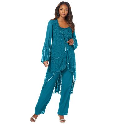 Plus Size Women's Three-Piece Beaded Pant Suit by Roaman's in Deep Teal (Size 40 W)