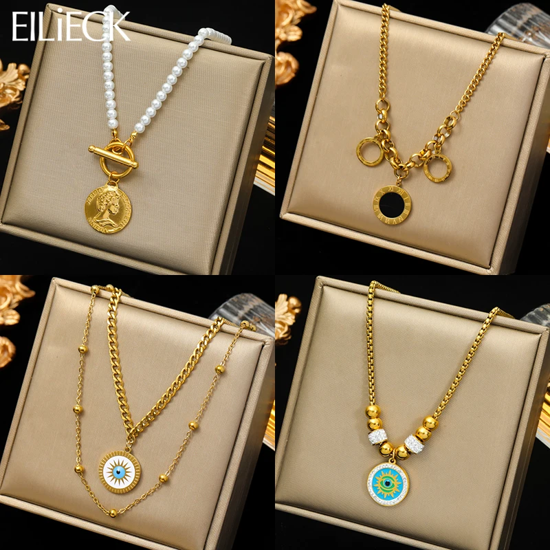 EILIECK 316L Edelstahl Vintage Runde Porträt Auge Anhänger Halskette Für Frauen Mädchen Mode Kette Schmuck Geschenk Party Bijoux Image