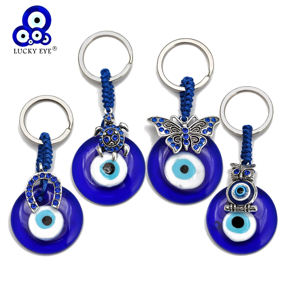 Lucky Eye Eule Schildkröte Schmetterling Glas Blau Türkischer Böser Blick Schlüsselanhänger Legierung Silber Farbe Schlüsselanhänger Halter für Frauen Männer BE101 Image
