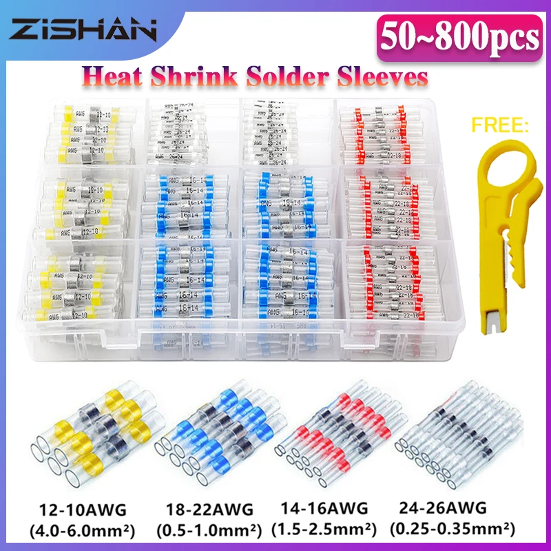 50-800Pcs Schrumpf Butt Crimp Terminals Wasserdichte Solder Dichtung Elektrische Anschlüsse Draht Kabel Splice Kit Automotive Marine Image