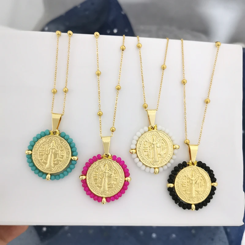 QMHJE Jungfrau Maria Edelstahl Anhänger Halskette Frauen Halsband Perlen Kette Runde Charme Gold Silber Farbe Schmuck Weiß Schwarz Image