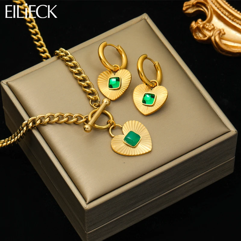 Eilieck 316l Edelstahl Herz Liebe grün Kristall Anhänger Halskette Ohrringe für Frauen Mode Punk Schmuck Set Geschenk party
