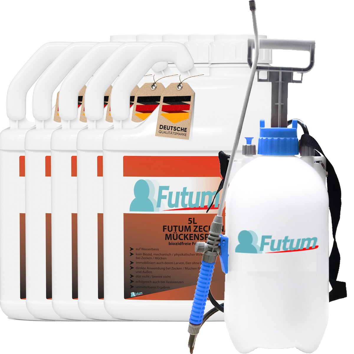 FUTUM 5x5L Zeckenspray / Mückenspray bekämpft Insekten, Eier, Larven ohne Biozide auf Wasserbasis, Sofortwirkung ohne Flecken + 5L Sprüher Image