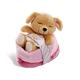 Nici 45371 Cuddy Soft Toy Sleeping Puppies Dog 12cm, Caramel, Purple Basket, Beige/Pink