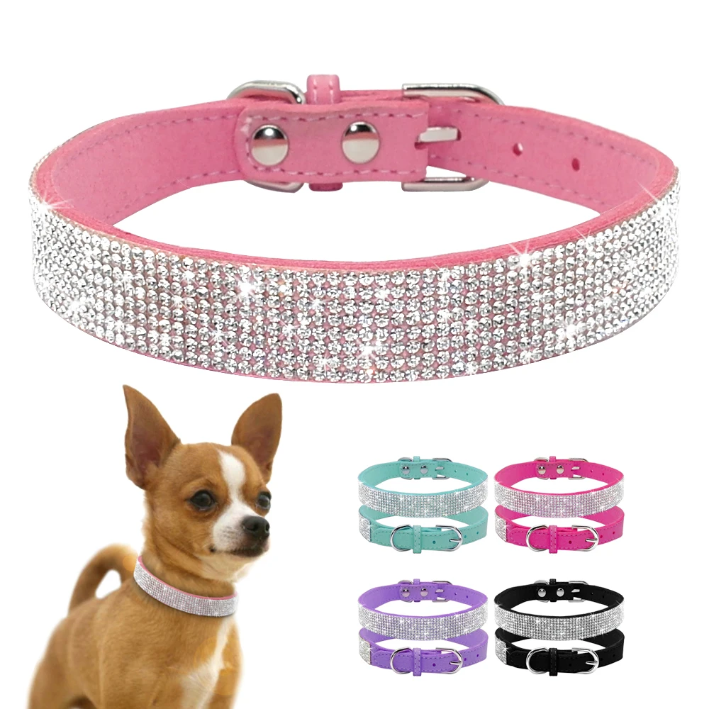 Didog Weiches Wildleder-Hundehalsband für Welpen, verstellbar, mit Strasssteinen, für Katzen und Haustiere, rosa Halsbänder, Anzug für kleine und mittelgroße Haustiere, XS, S, M, Chihuahua