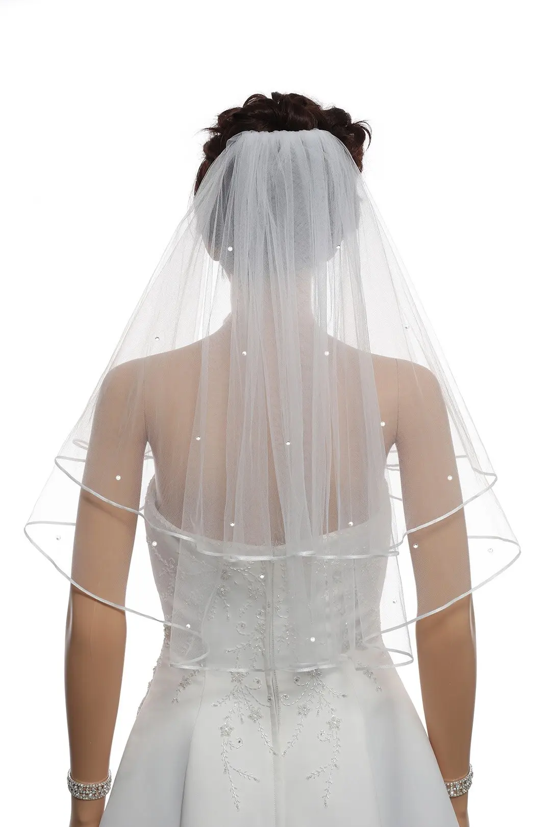 Heißer Verkauf Mode-Stil 2T 2 Etagen Bandkante Mitte Perlen Braut Hochzeit Braut Schleier Image
