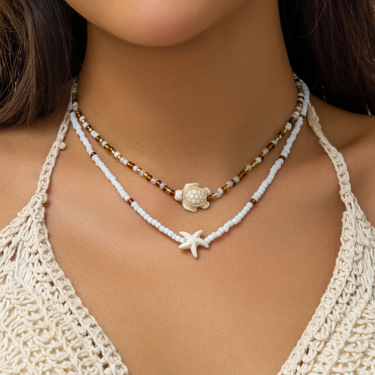 Salircon Collana bohémien con doppia catena di perline e clavicola Collana girocollo con ciondolo stella marina in acrilico vintage con tartaruga Gioielli da spiaggia da donna