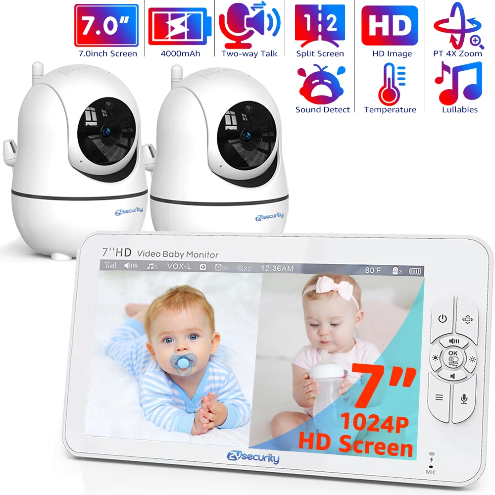 7,0-Zoll-Video-Babyphone, HD-Split-Bildschirm mit 2 Kameras, Schwenk-/Neigefunktion, 4-fachem Zoom, 2-Wege-Audio, Nachtsicht, kein WLAN, 4000 mAh Akku Image