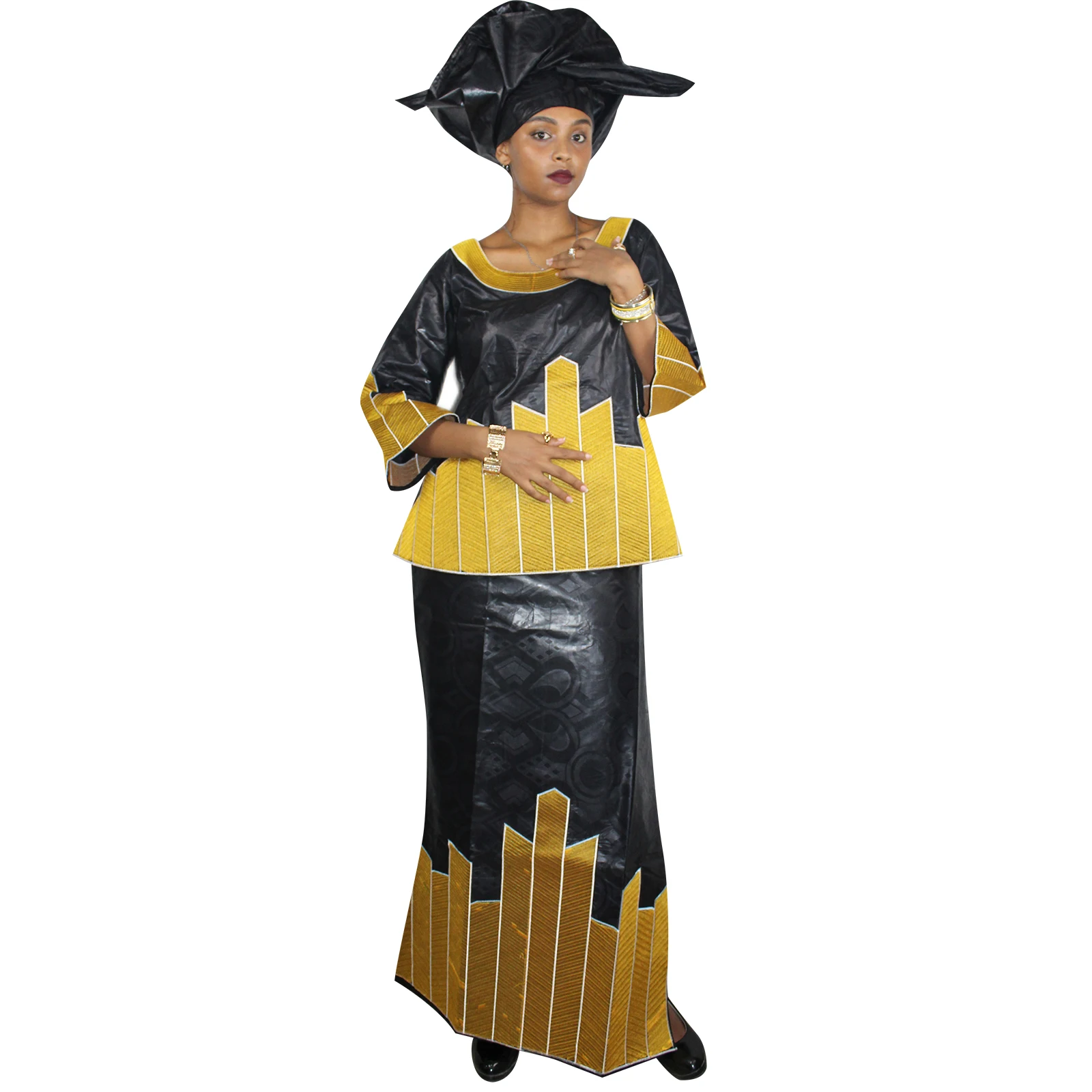Afrikanische Kleider für Frauen, 3/4-Ärmel-Top mit Wrapper und Schal, 3-teilig, ein Set, 2 Größen, kleiner als uns Größe Image