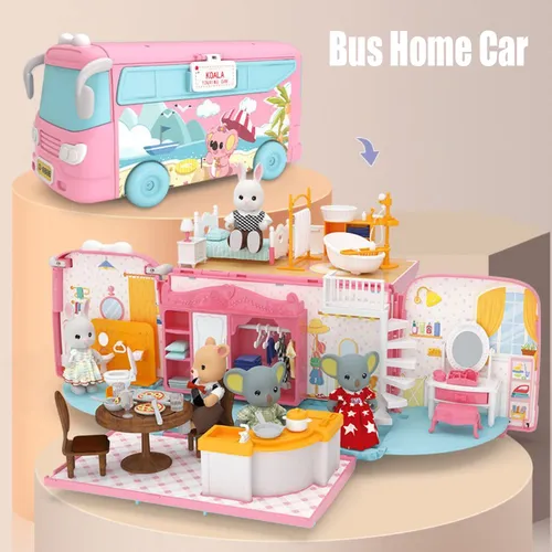1/12 Maßstab Mitcien Bus Puppenhaus Spielset DIY Wohnwagen Wohnmobil Auto Spielzeug Hase Puppe Tier