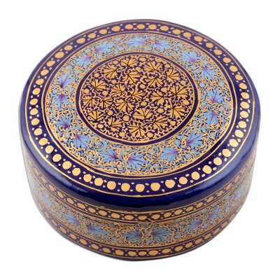 Kashmir Cobalt,'Round Wood and Papier Mache Decorative Box'
