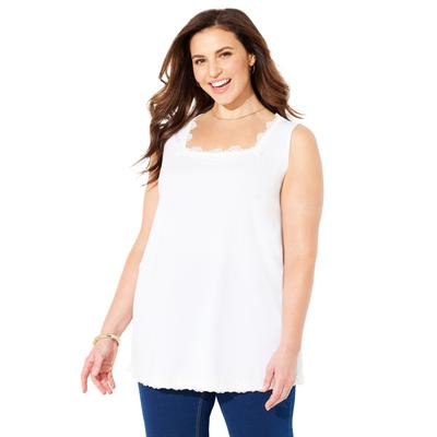 Plus Size Women's Square-Neck Lace Trim Tank by Catherines in White (Size 4X)