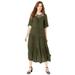 Plus Size Women's Crochet-Yoke Crinkle Dress by Roaman's in Dark Olive Green (Size 14 W)