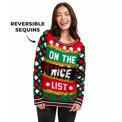 Women's Naughty or Nice Reversible Sequin Ugly Christmas Sweater