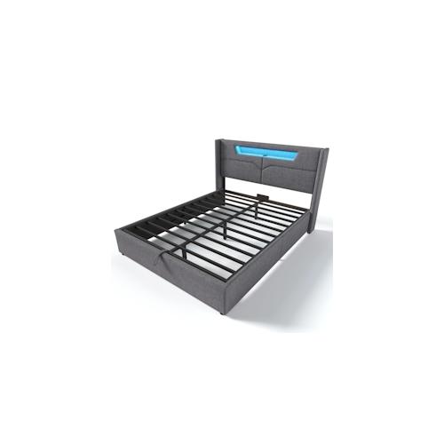 Merax Polsterbett LED Doppelbett mit USB Typ C und LED-Beleuchtung,Baumwolle-Leinen Bezug Stauraumbett 140x200cm, grau