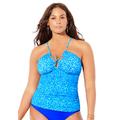 Plus Size Women's BOLD High Neck Shirred Halter Tankini Top by Swimsuits For All in Royal Abstract (Size 8)