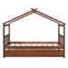 Walnut Twin Size Wooden House Bed with Twin Trundle with Roof for Kids