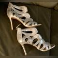 Nine West Shoes | Nine West Silver Leather Fancy Shoes Sandals Size 8.5 Stiletto Heel, Open Toe | Color: Silver | Size: 8.5