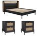 Bayou Breeze Cannage Rattan Platform Queen Bed w/ 2 Nightstands Upholstered in Black | 41.43 H x 64.73 W x 82.47 D in | Wayfair