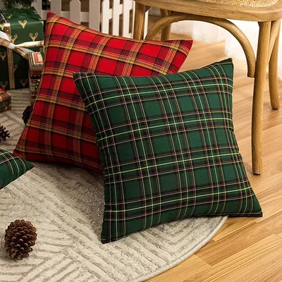 2er-Set Weihnachts-Büffelkaro-Kissenbezüge mit Karomuster, Kissenbezug aus Polyester für Bauernhaus-Heimdekoration, rote und grüne Cojines Image
