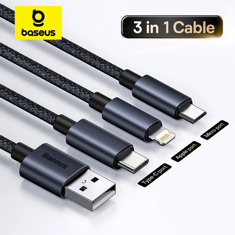 Baseus 3-in-1-USB-Kabel Typ C-Kabel für Samsung Xiaomi Mi 9 Huawei-Kabel für iPhone 13 12 11 Telefon-Ladegerät Micro-USB-Datenkabel Image