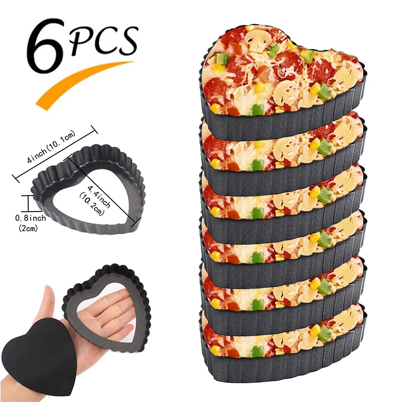 6-teiliges herzförmiges Mini-Tortenform-Set, 10,2 cm, antihaftbeschichtete Quiche-Pfanne mit abnehmbarem Boden, Kuchenform aus Kohlenstoffstahl, Backblech Image
