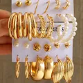 Vintage Gold Farbe Perle Twist Creolen für Frauen Mädchen Kreis Perlen Ohr stecker Set trend ige