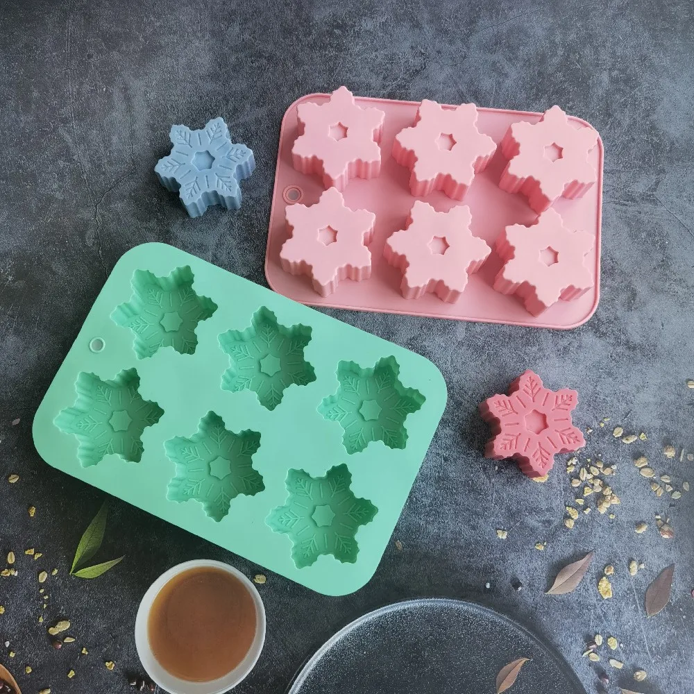 6 Hohlräume Schneeflocke geformte Silikon Seifen form DIY Kerze Herstellung Form Kuchen Kekse Gebäck Backwerk zeug Küche Mooncake Werkzeuge Image