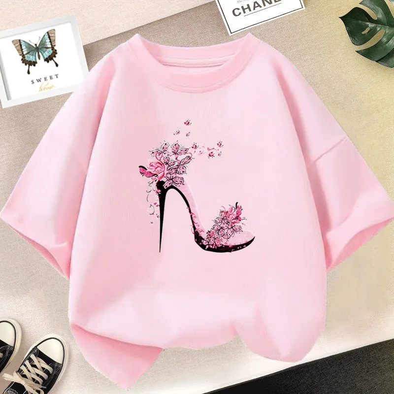 Mode Mädchen T-Shirt Schmetterling High Heel Schuhe rosa T-Shirt Tops Print T-Shirt Sommer Kurzarm T-Shirt