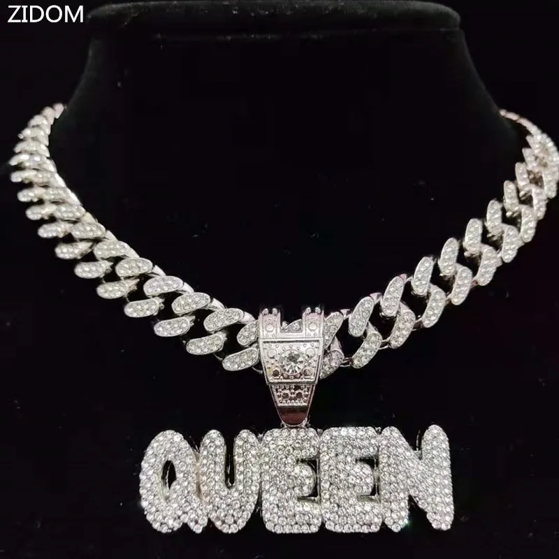 Männer Frauen Hip Hop Voller Strass KÖNIG KÖNIGIN Brief Anhänger Halskette Kubanischen Kette HipHop Iced Out Bling Halsketten Charme Schmuck
