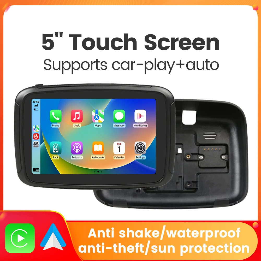 NaviFly 5-Zoll-tragbares Motorrad-LCD-Display, IPX7 wasserdichter Monitor für kabelloses Apple Carplay, Android, Auto, Moto, Auto