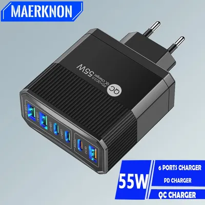 55w USB-Ladegerät 6 Anschlüsse pd Typ c Schnell ladegerät für iPhone Xiaomi Samsung Oneplus Multi-Ports Telefon Ladegerät Adapter