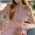 CIBBAR Sexy rosa fasciatura Crop Top donna Fairycore manica lunga Chic cucita T Shirt autunno Basic