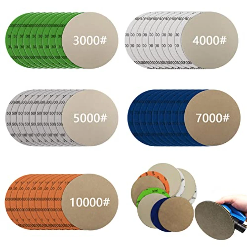 50 pezzi disco abrasivo carta vetrata con gancio e anello da 5 pollici carta vetrata a secco e umido grana 3000-10000 per levigatrice orbitale automatica, lucidatura di metalli in legno