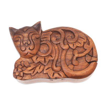 Sleepy Cat,'Hand Made Suar Wood Cat Puzzle Box'