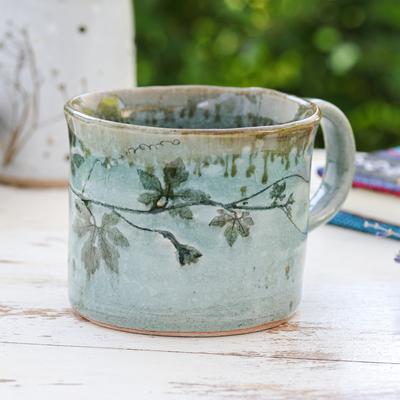Thai Eden in Blue,'Crackled Finished Leafy Blue and Green Ceramic Cup'