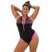 Plus Size Women's Zip-Front High Neck Chlorine Resistant One-Piece Swimsuit by Swimsuits For All in Black Fluorescent Pink (Size 20)