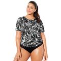 Plus Size Women's Chlorine-Resistant Twist Back Swim Tee by Swimsuits For All in Black Abstract (Size 22)