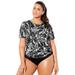 Plus Size Women's Chlorine-Resistant Twist Back Swim Tee by Swimsuits For All in Black Abstract (Size 12)