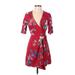 Old Navy Casual Dress - A-Line Plunge 3/4 sleeves: Red Floral Dresses - Women's Size Small