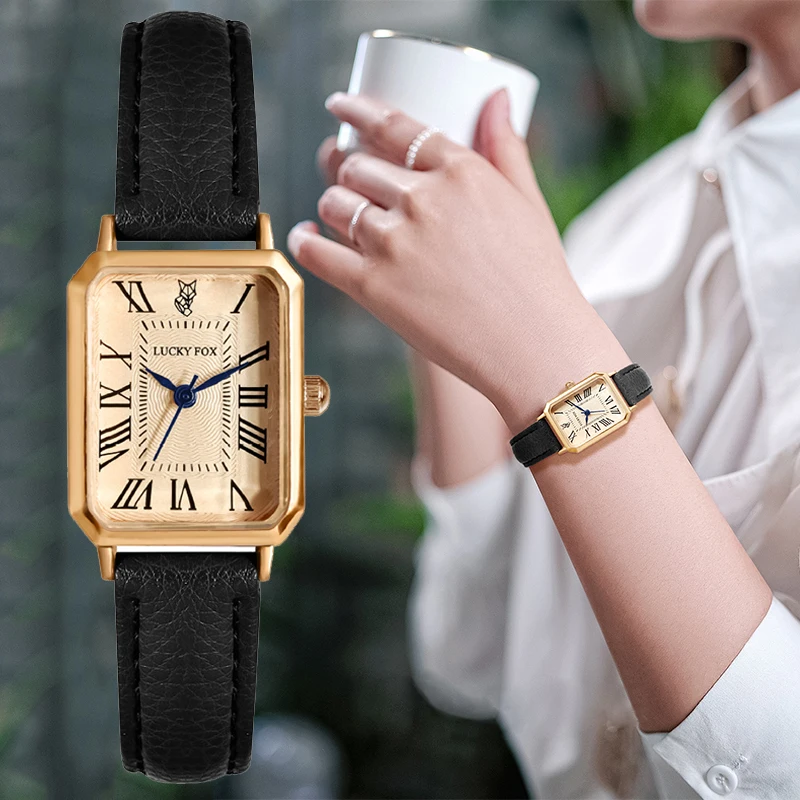 Montre femme boîtier rectangulaire cadran doré montre-bracelet à Quartz chiffres romains simples femme bracelet noir horloge Vintage mode Reloj