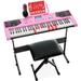 YOJFOTOU 61-Key Beginners Complete Electronic Keyboard Piano Set w/Lighted Keys LCD Screen Headphones Stand Bench Teaching Modes Note Stickers Built-In Speakers - Pink