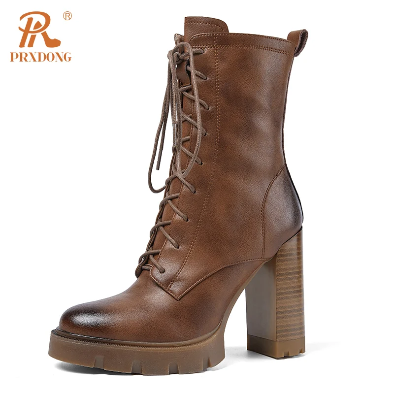 PRXDONG frauen Schuhe Neue Marke Echtes Kuh Leder Platz High Heels Plattform Schuhe Frau Stiefeletten Schwarz Braun Retro Herbst