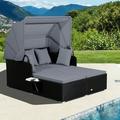 Costway Patio Rattan Daybed Lounge Retractable Top Canopy Side Tables Cushions Grey
