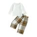 Frobukio Toddler Kids Girls 2 Piece Outfit Ribbed Long Sleeve Pollover Tops Plaid Pants with Belt Clothes