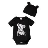 Newborn Baby Boys Clothes Baby Boys One-piece Romper Bodysuit 0-1 Months Baby Boys Short Sleeve Bear Print Romper Bodysuit Hat 2PCS Set Black