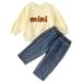 ZHAGHMIN Baby Girl Fall Clothes Outfits Sets Solid Long Sleeve Letters Printed Crewneck Sweatshirt Pullover + Stretchy Waist Jeans Toddler Suits Yellow Size100