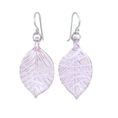 Tender Foliage,'Handblown Leafy Pink and White Glass Dangle Earrings'